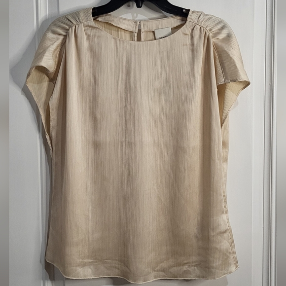 Calvin Klein Ruched Tan and Cream Cuffed Sleeve Blouse - Picture 7 of 7